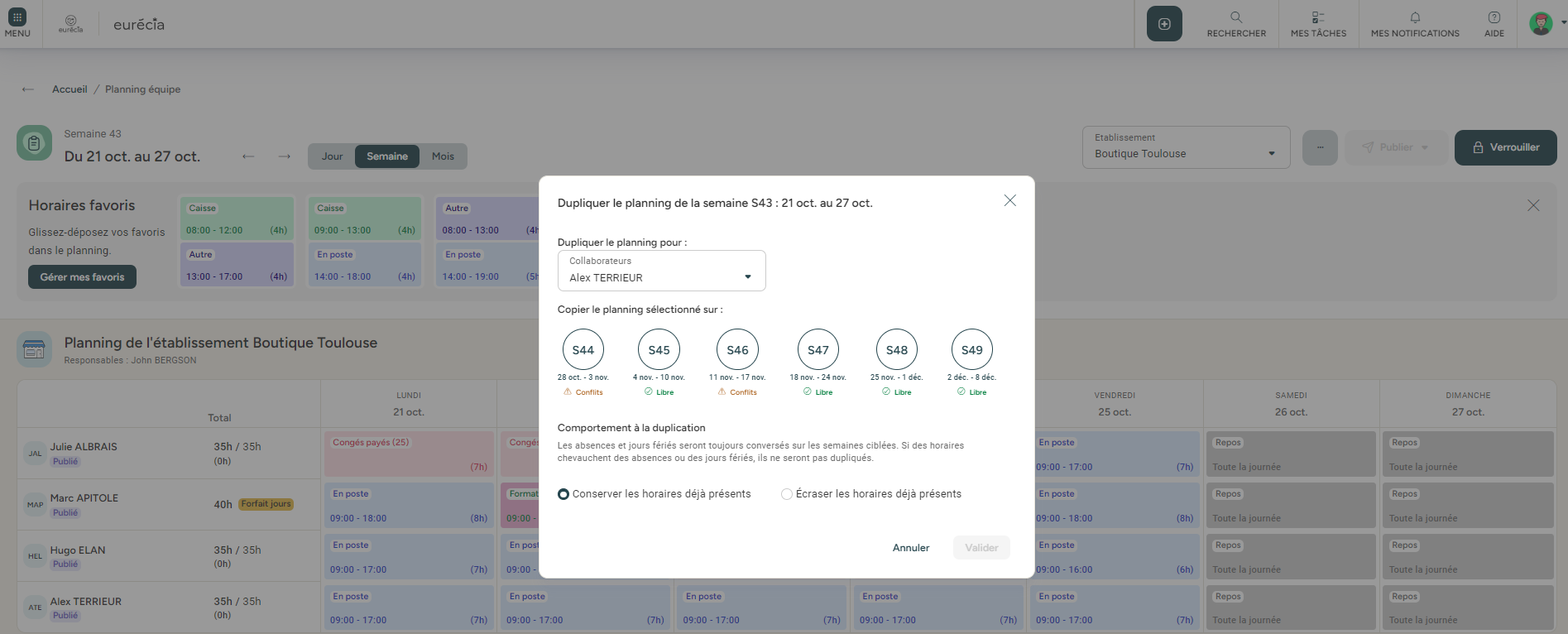 Selection of employees and schedule duplication behavior