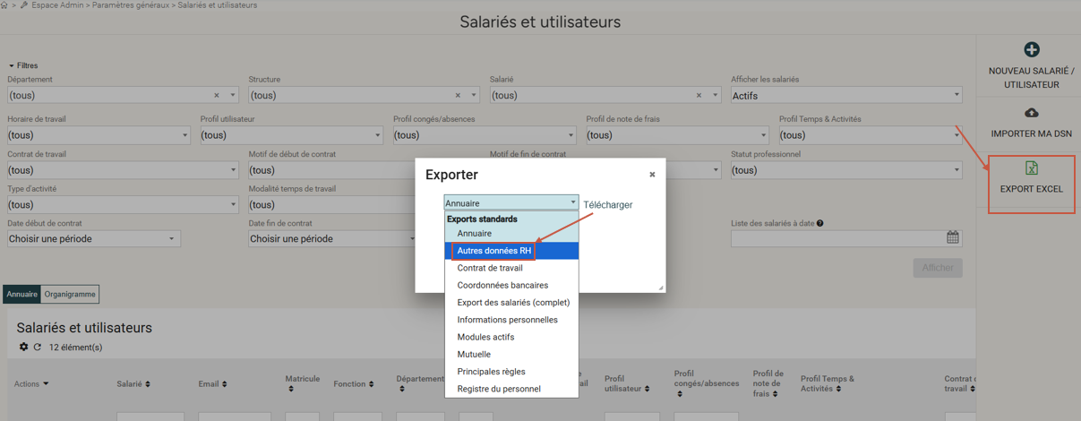Export Excel - Autres données RH