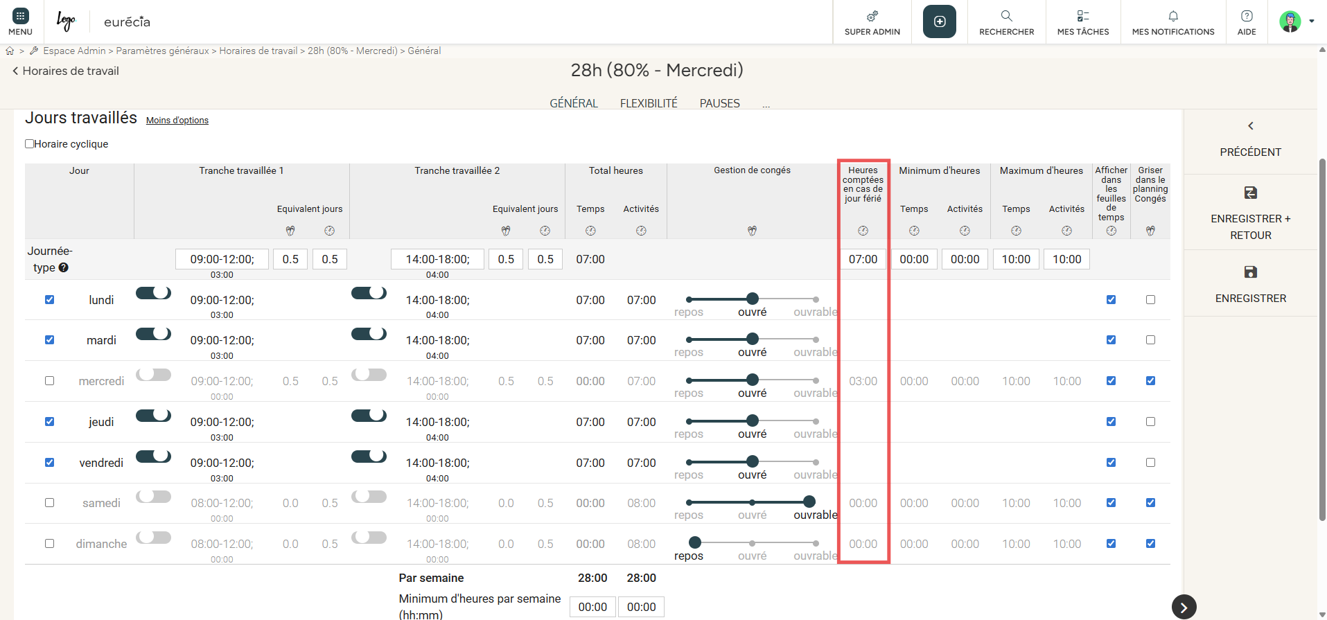 Heures comptées en cas de jours fériés column in the work schedule