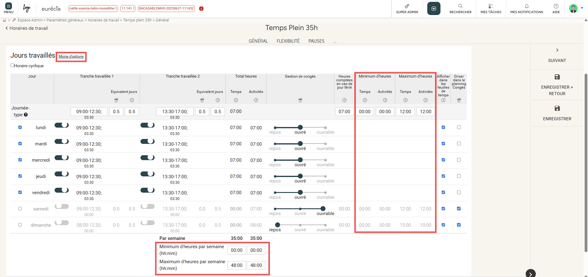 Setting minimum and maximum daily and weekly hour limits