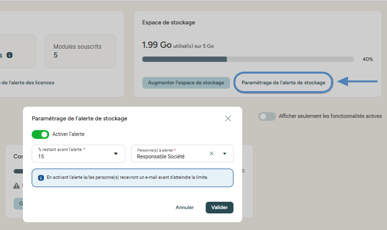Storage alert settings