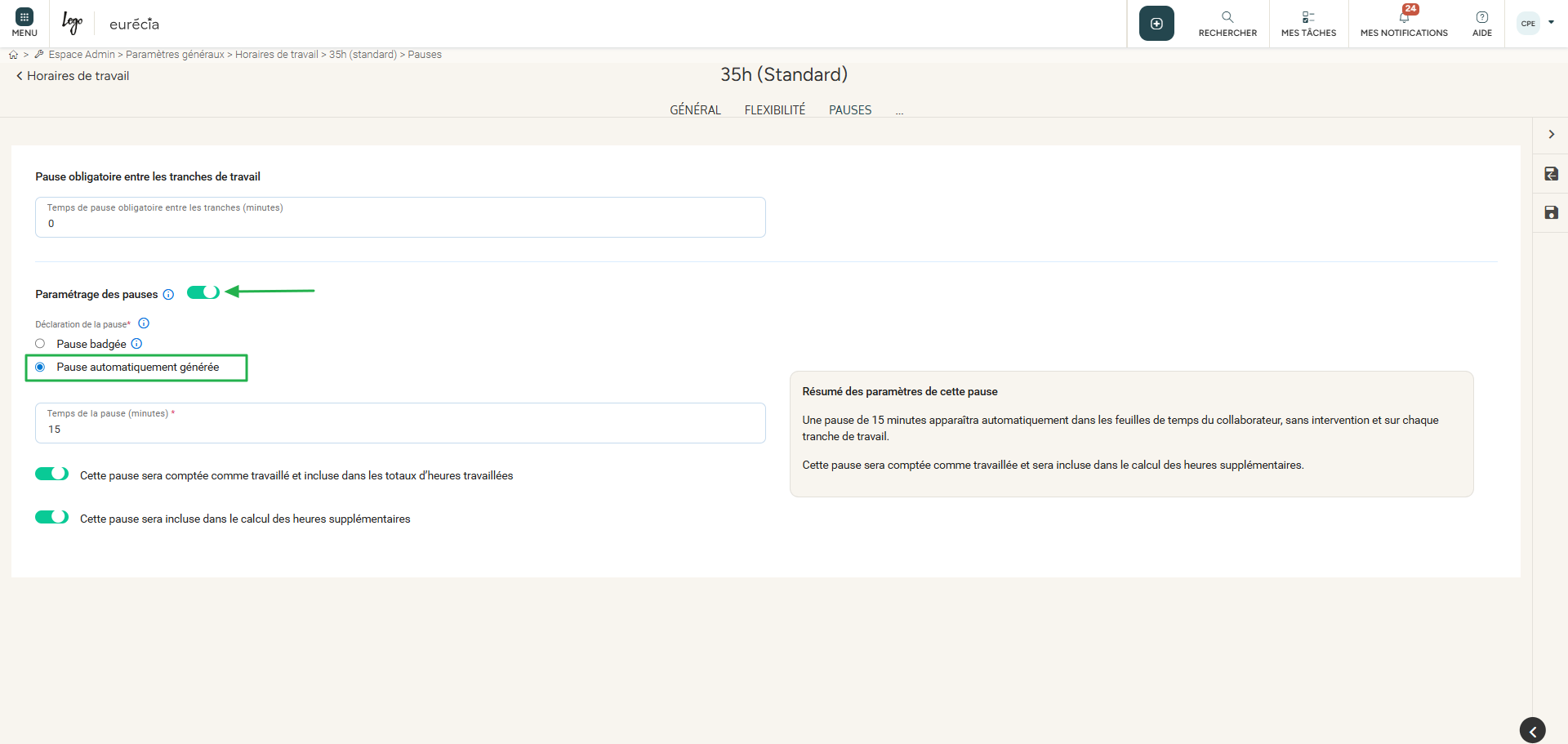 Summary of the configured automatically generated break rule