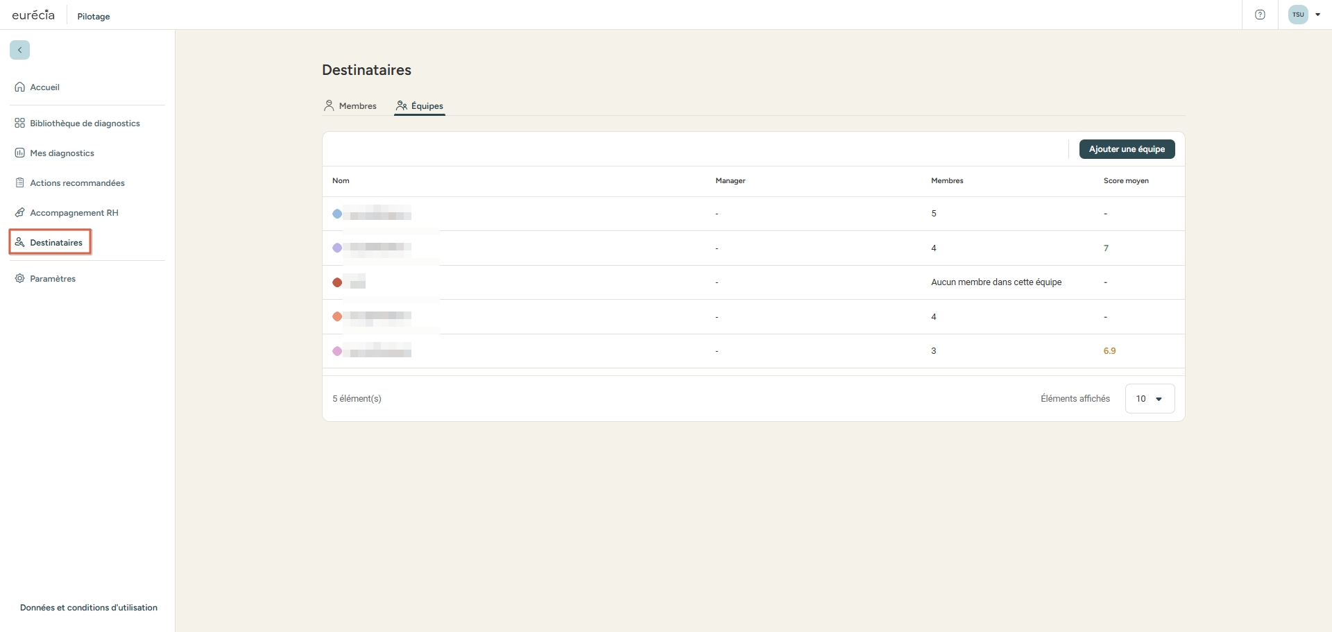 Menu Destinataires - Équipes