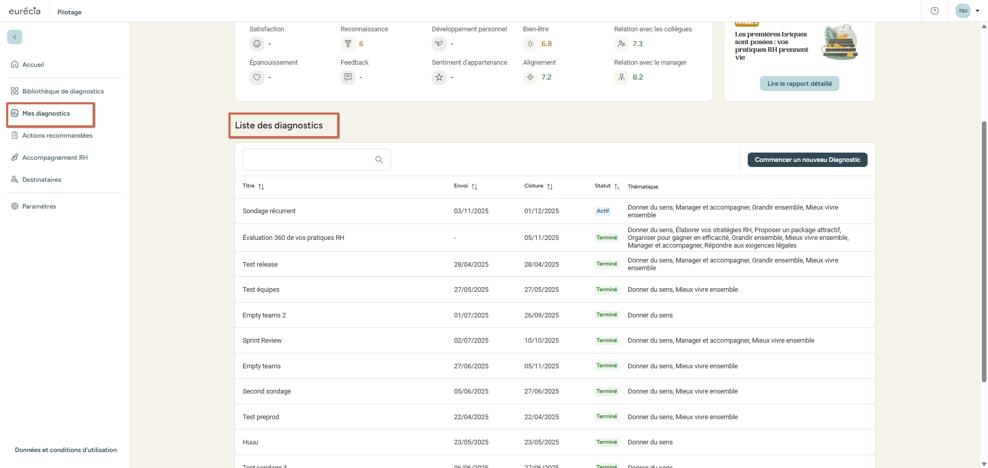 Liste des diagnostics