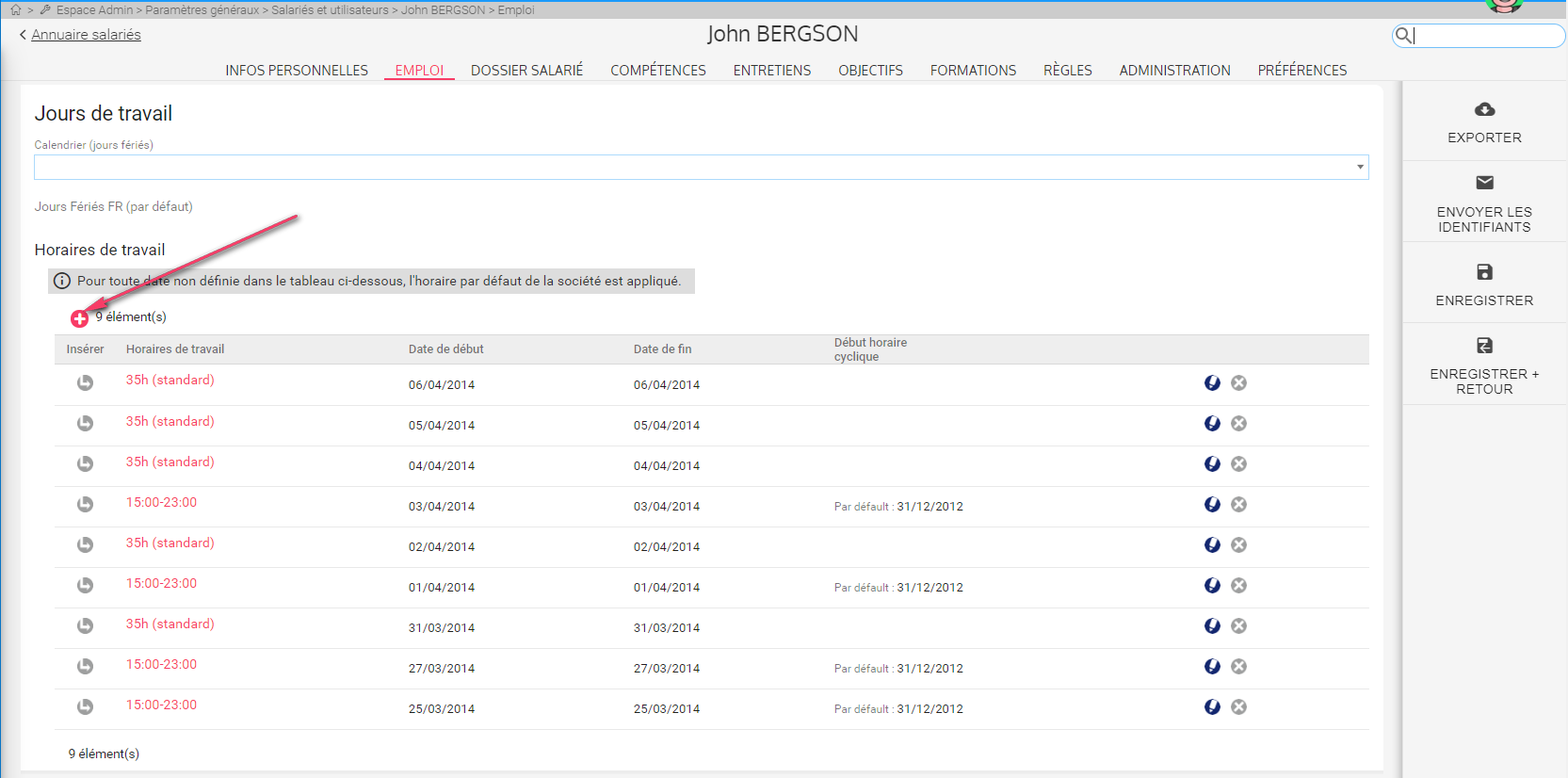 ajouter un nouvel horaire de travail