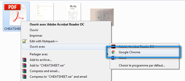 Menu Ouvrir avec proposant Chrome ou Firefox