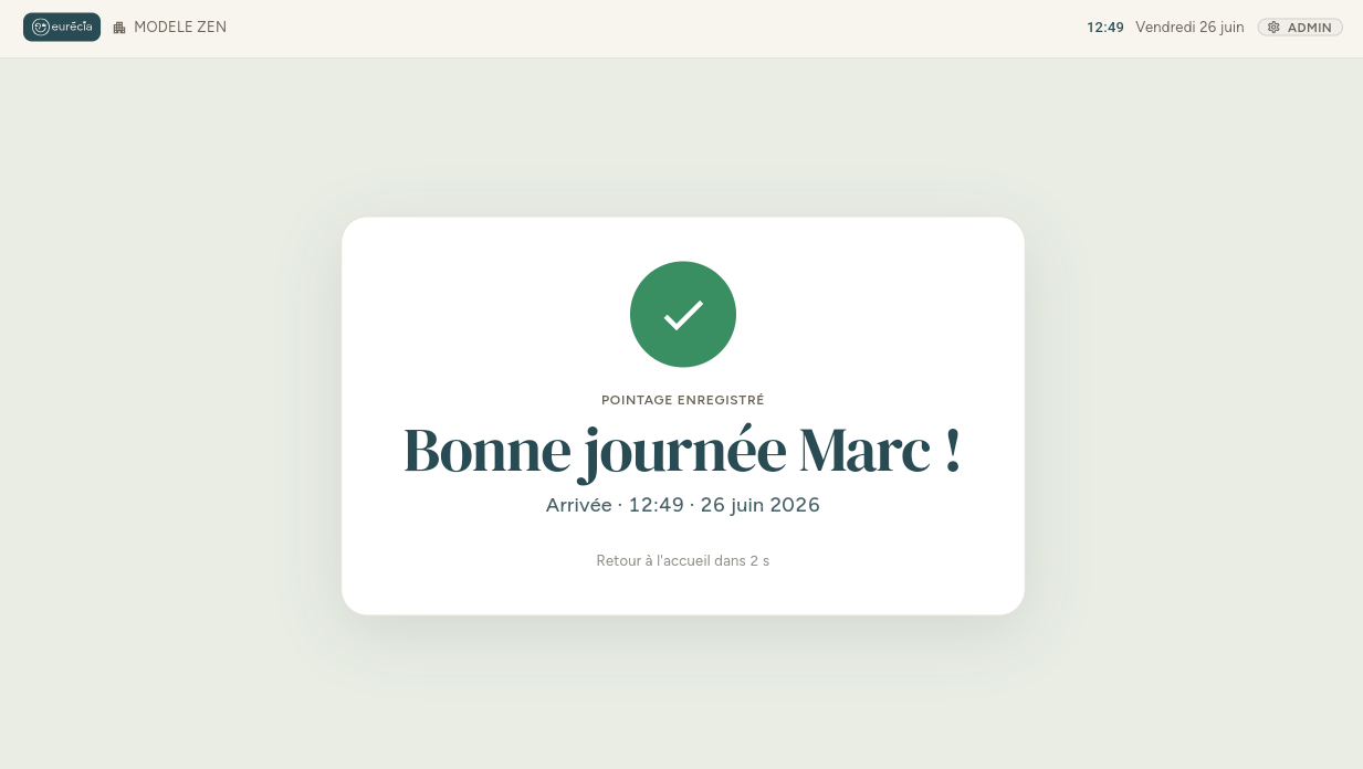 Écran de succès — Pointage enregistré
