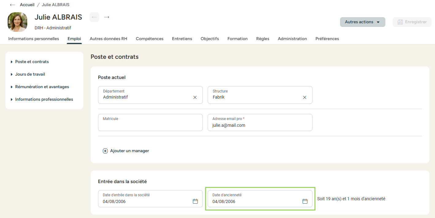 Onglet Emploi — date d'ancienneté