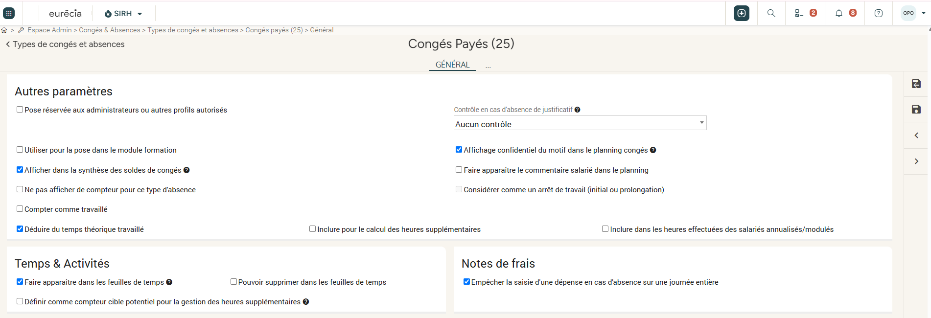 Encarts Autres paramètres et Temps et activités dans un type de congés et absences