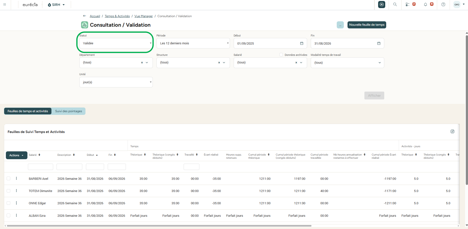 Filtre du statut Validée dans la Vue manager