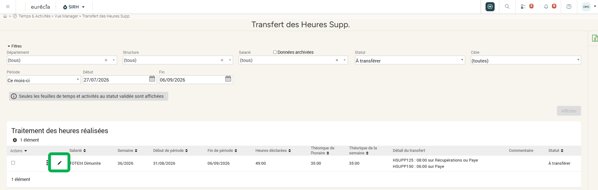Menu de validation en masse des transferts d'heures supplémentaires