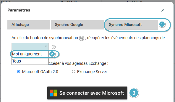 Onglet Synchro Microsoft, connexion avec Microsoft