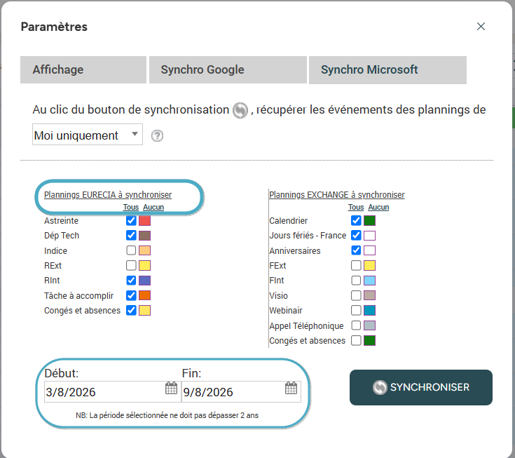 Sélection des plannings Eurécia à synchroniser vers Outlook