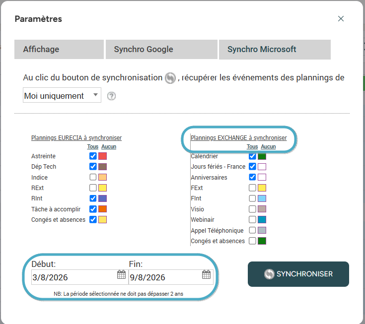 Sélection des comptes Exchange à synchroniser vers Eurécia