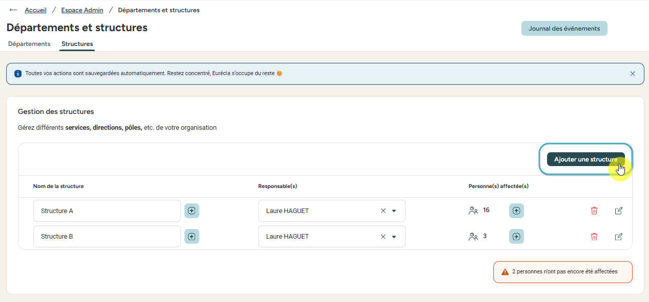 Liste des structures dans l'Espace Admin