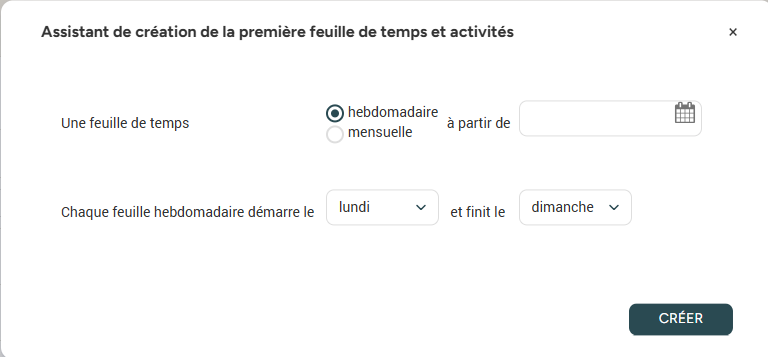 Fenêtre de paramétrage de la première feuille de temps