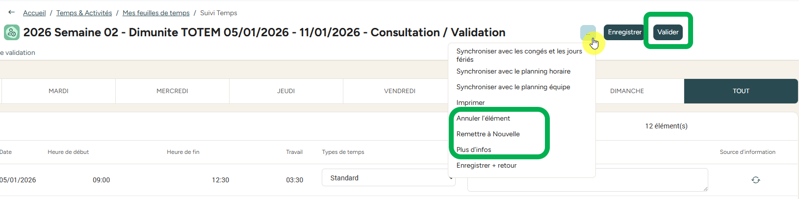 Boutons de validation d'une feuille de temps/activités