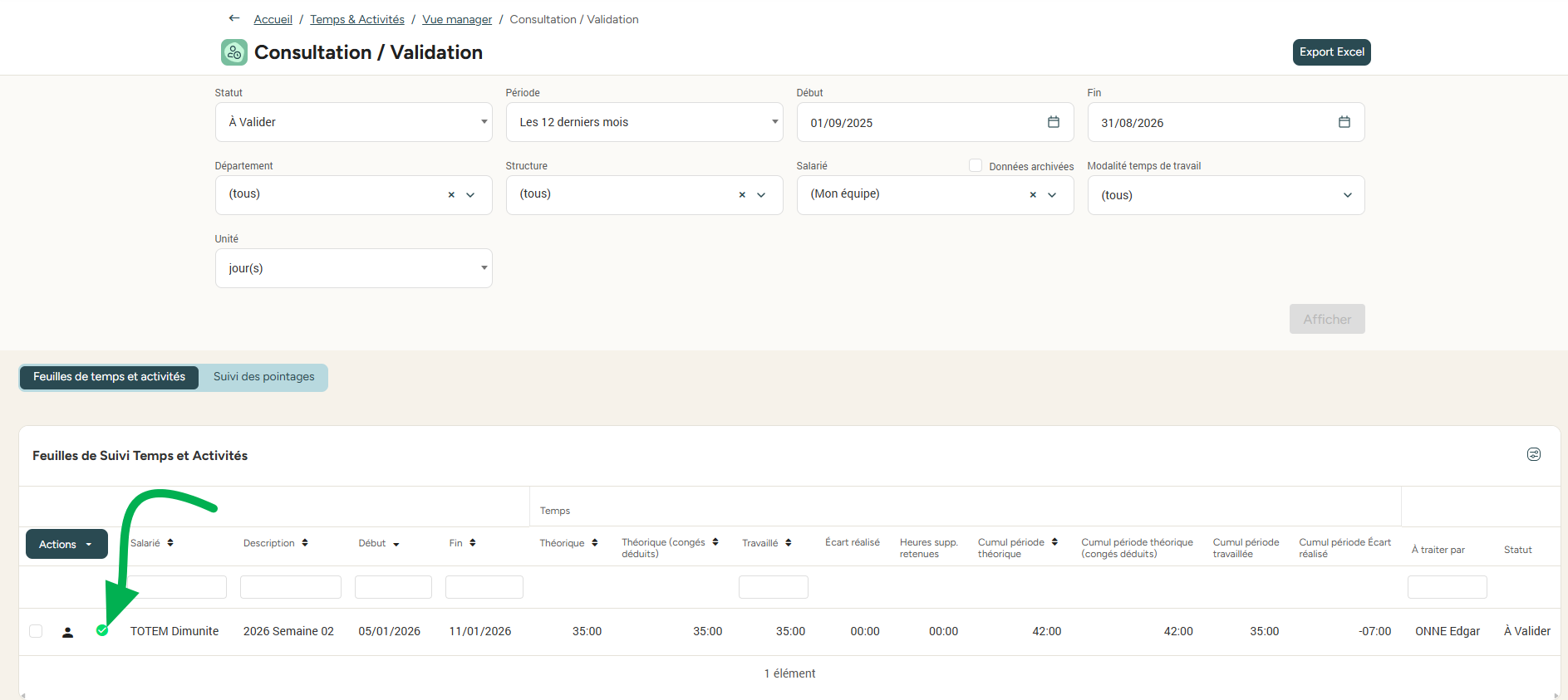 Validation d'une feuille depuis le tableau de Suivi Temps et Activités