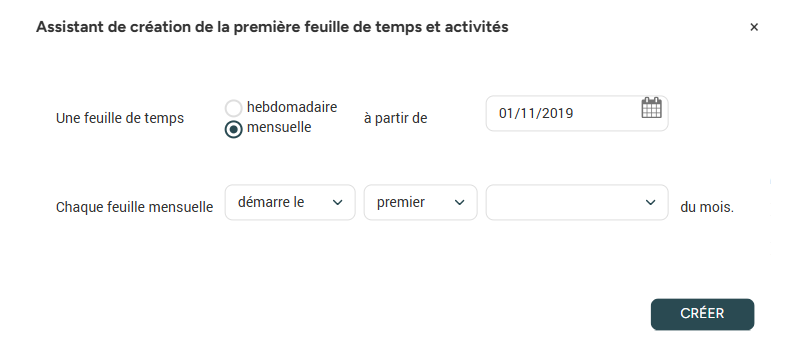 Feuille de temps mensuelle créée à partir du 1er novembre