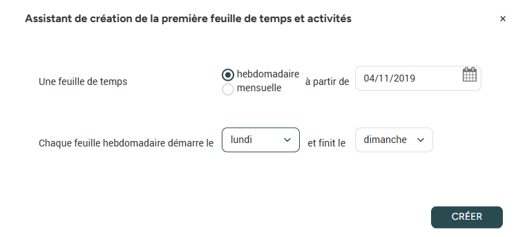 Feuille de temps hebdomadaire créée à partir du 4 novembre