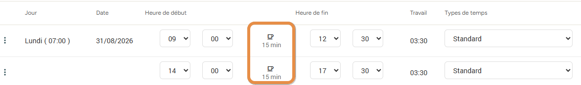 Icône tasse de café représentant une pause dans la feuille de temps