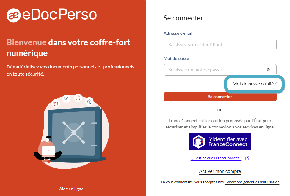 Page de connexion eDoc avec le lien Mot de passe oublié