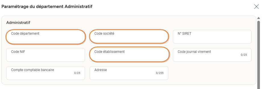 Les trois champs disponibles dans l'onglet Département