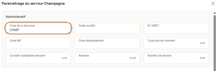Code établissement « Champagne » renseigné dans la structure
