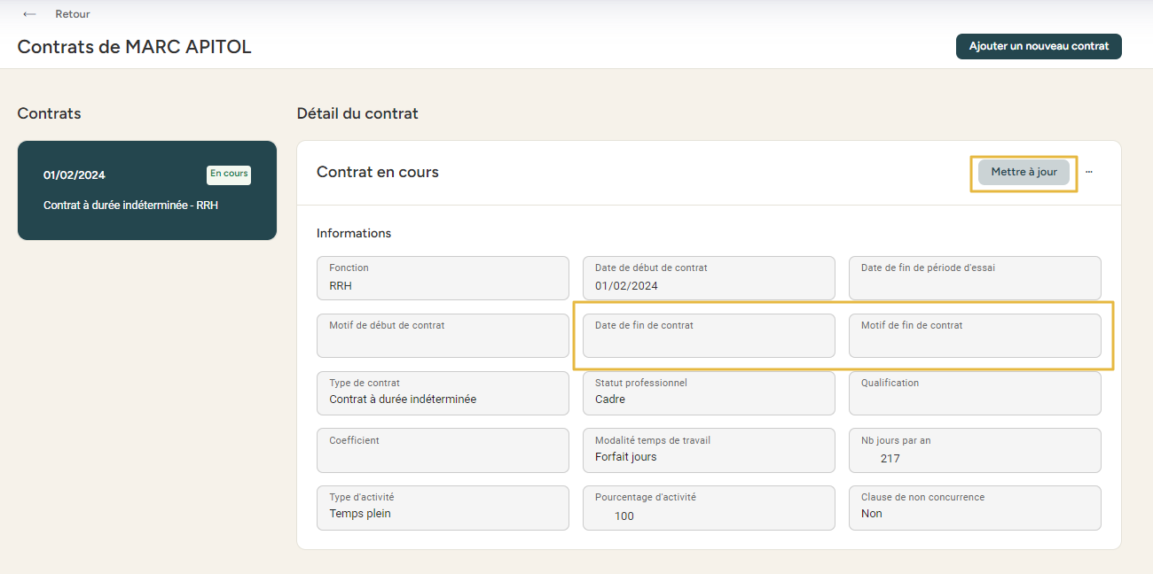 Contrat section with the update button