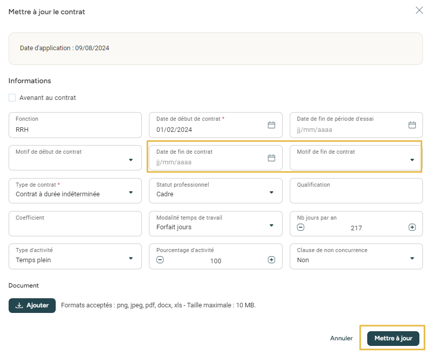 Date de fin de contrat and Motif de fin de contrat fields completed