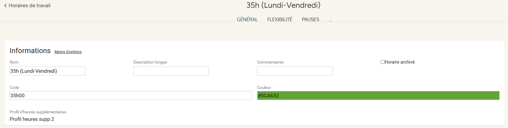 Additional fields displayed after clicking “Plus d'options”