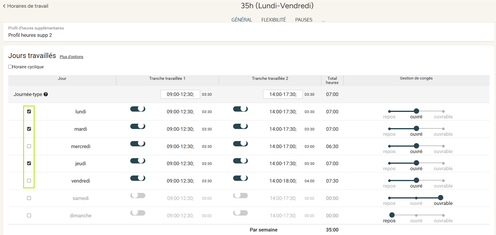 Simplified view of working days configuration with the Journée-type column