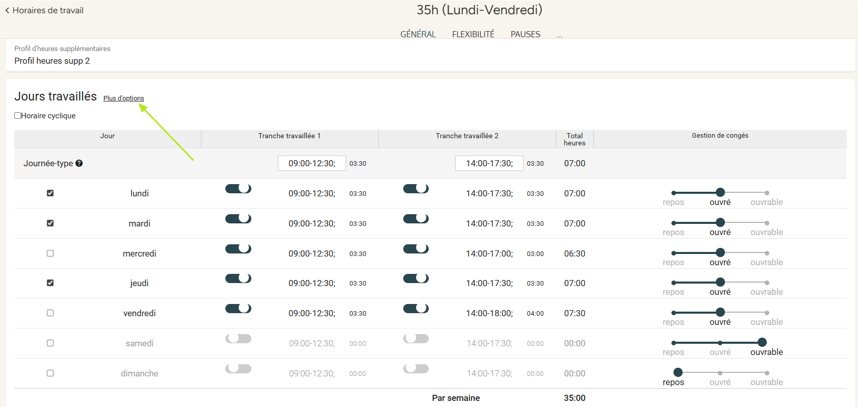 Detailed work schedule settings after clicking “Plus d'options”