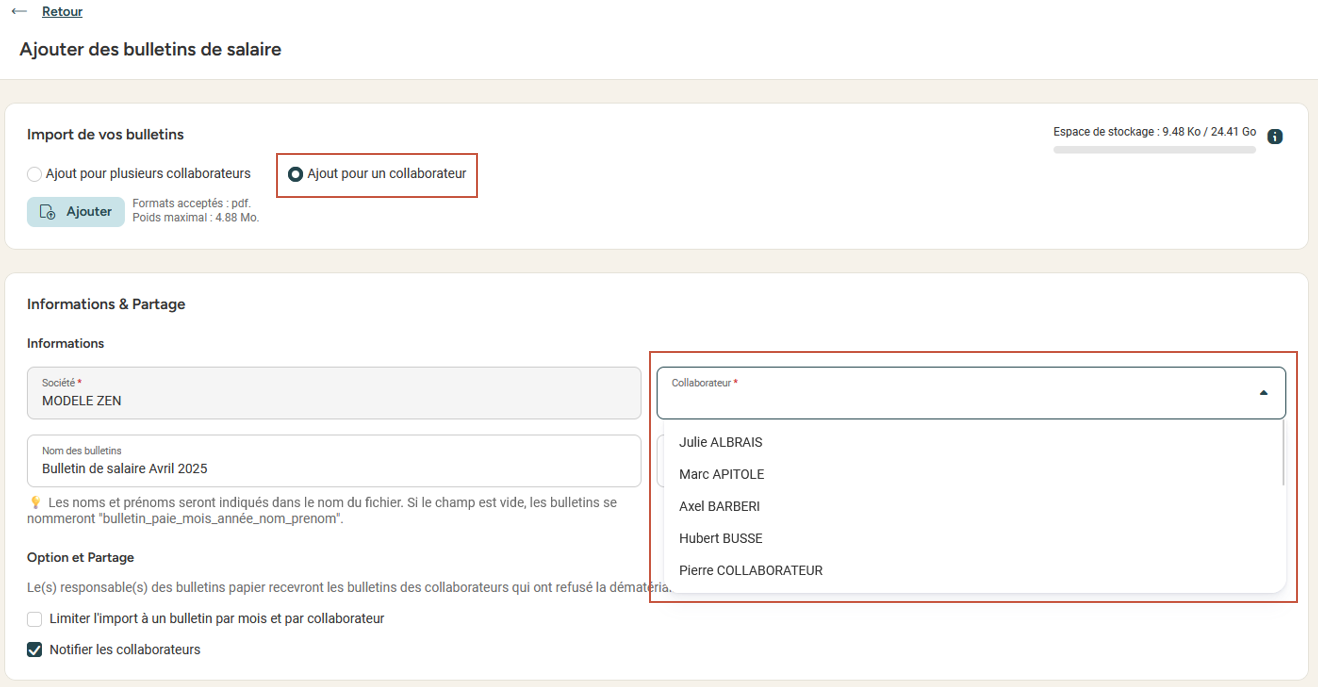 Payslip import configured with description, month, and year