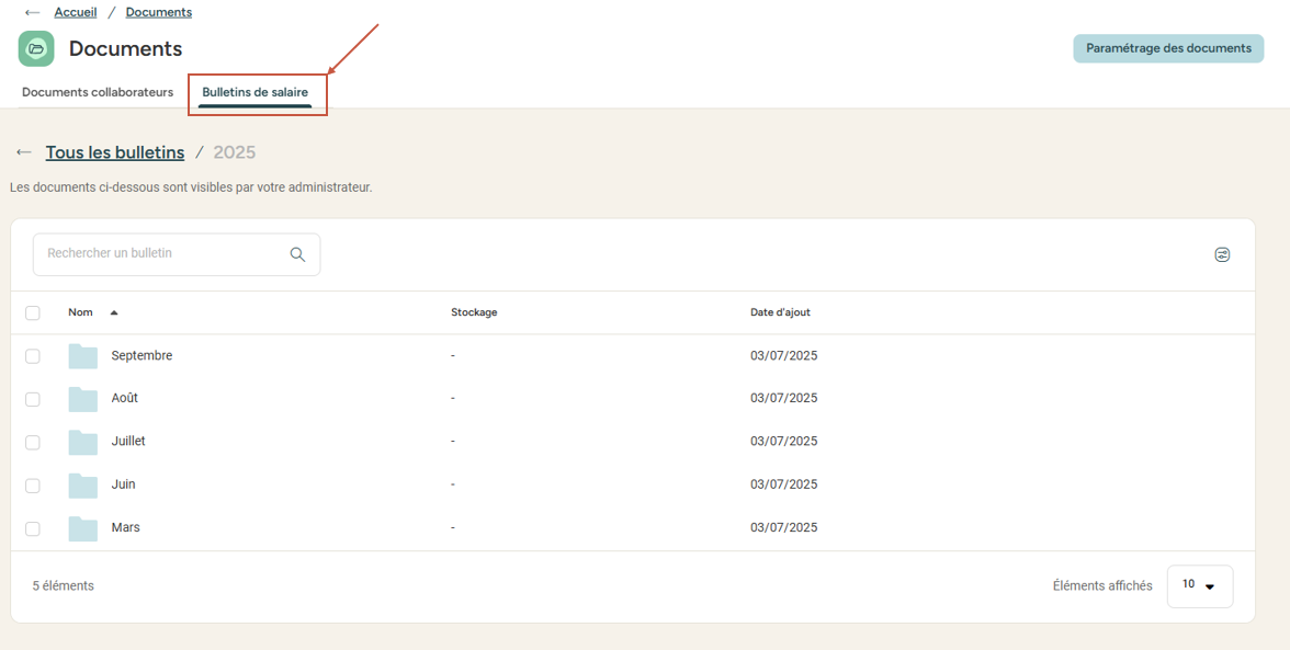 Bulletin de salaire tab in the employee's Documents space