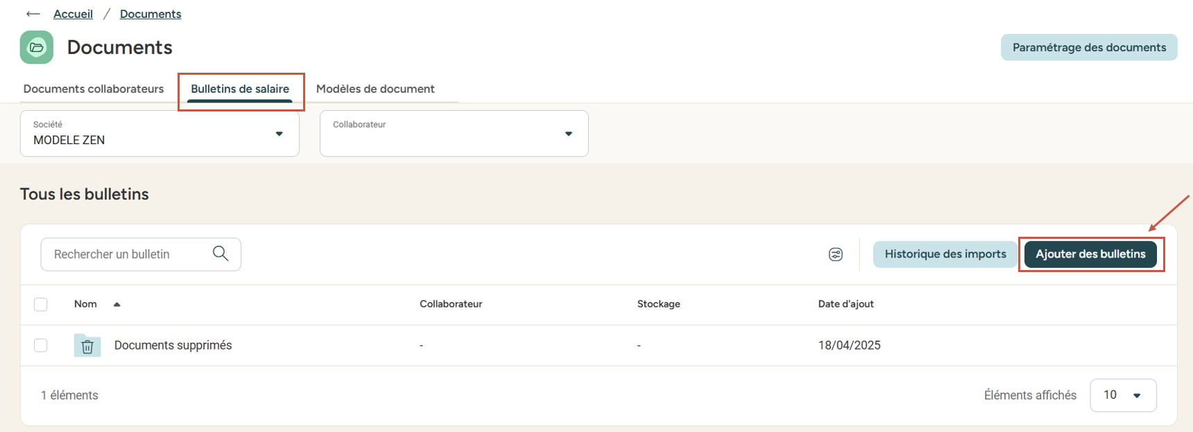 Ajouter des bulletins button in the Bulletins de salaires tab