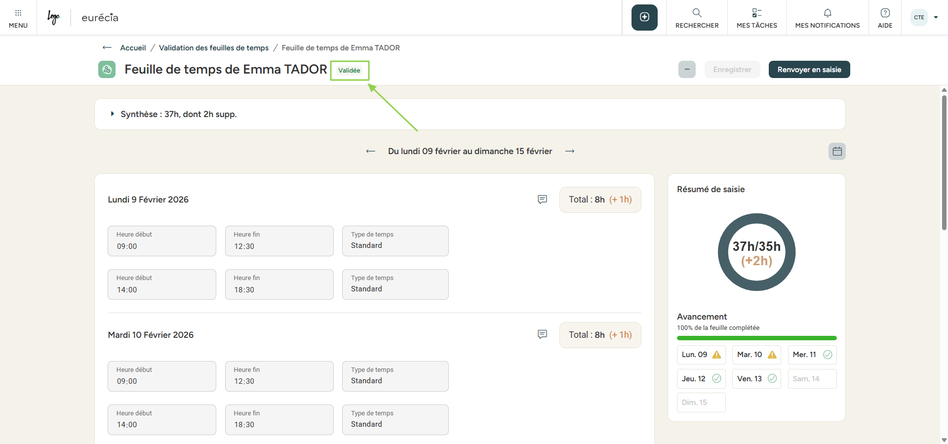 Approval of the timesheet in Manager view