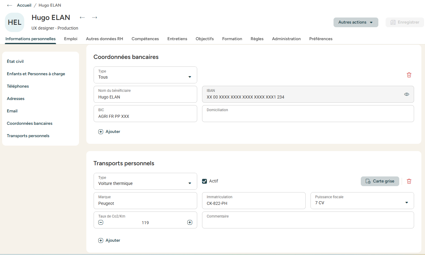 Infos personnelles tab of the employee record