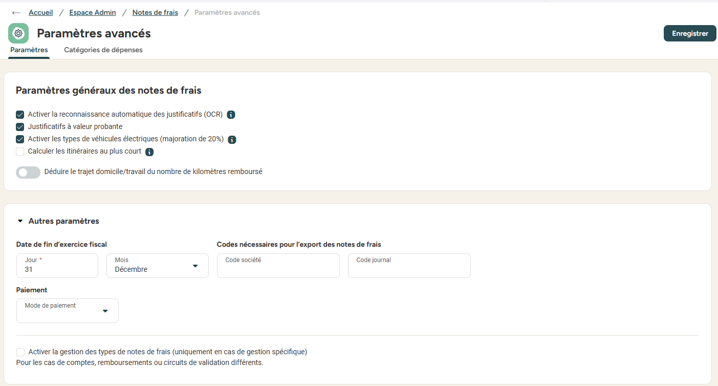 Paramètres tab of the advanced settings in the Expense Reports module