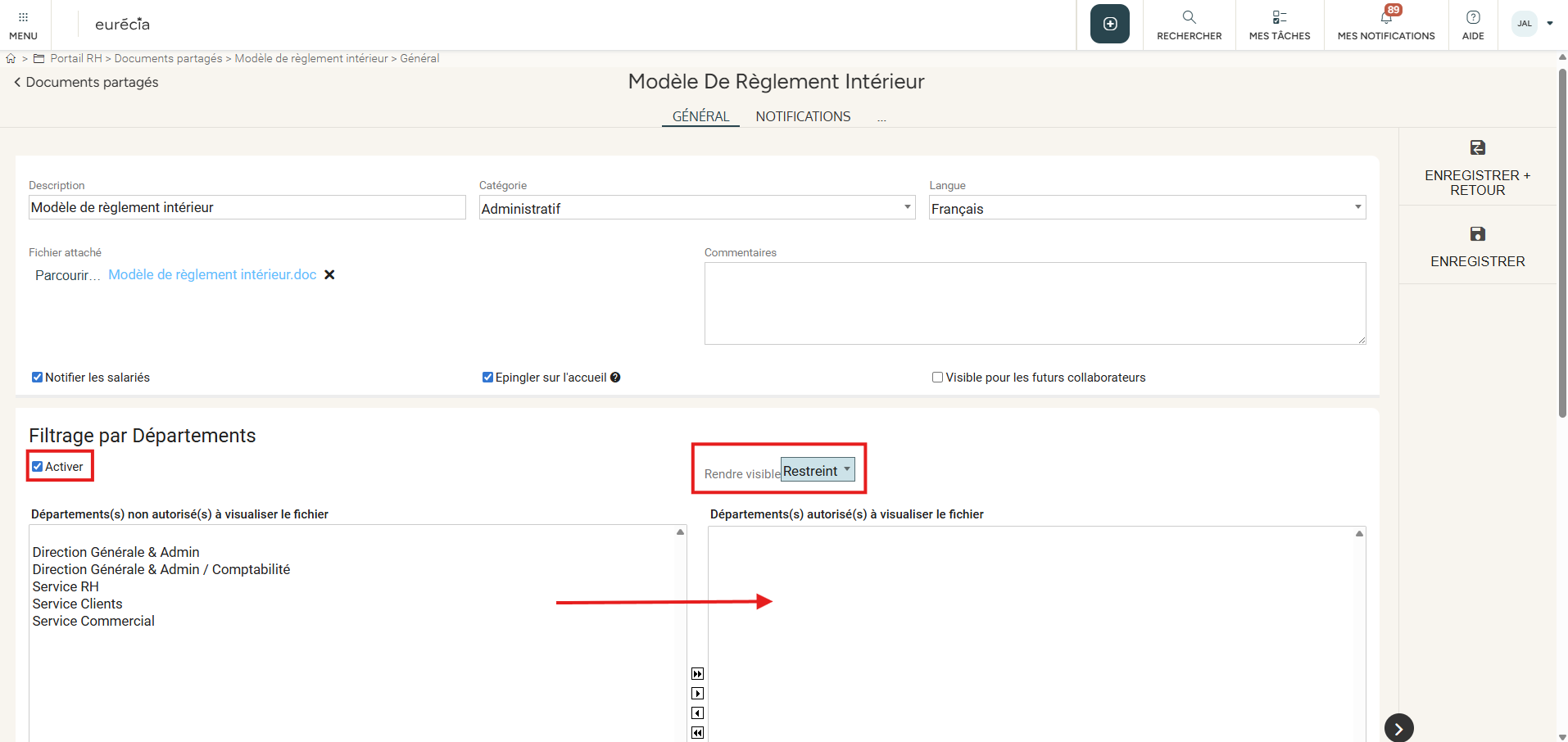 Visibility filtering restricted to selected departments/structures/professional statuses