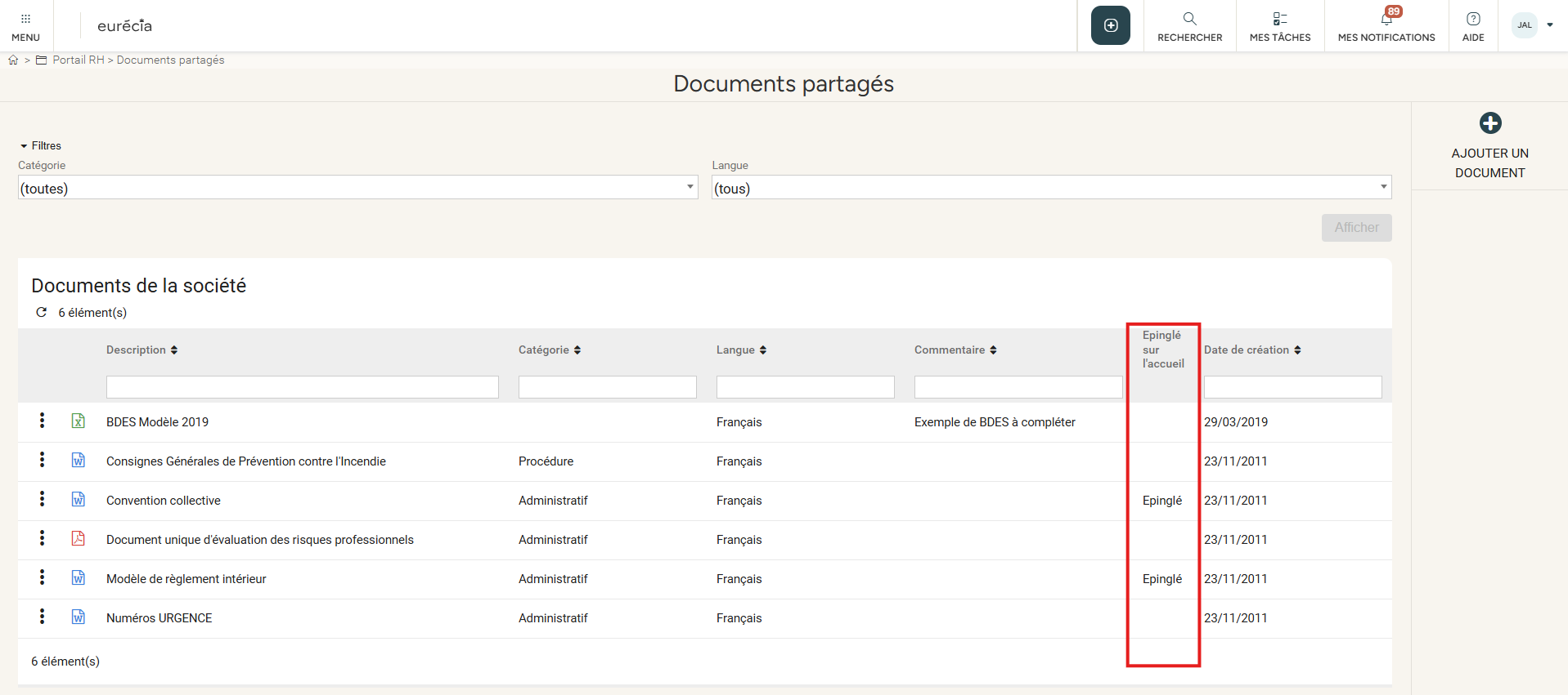 List of documents already pinned
