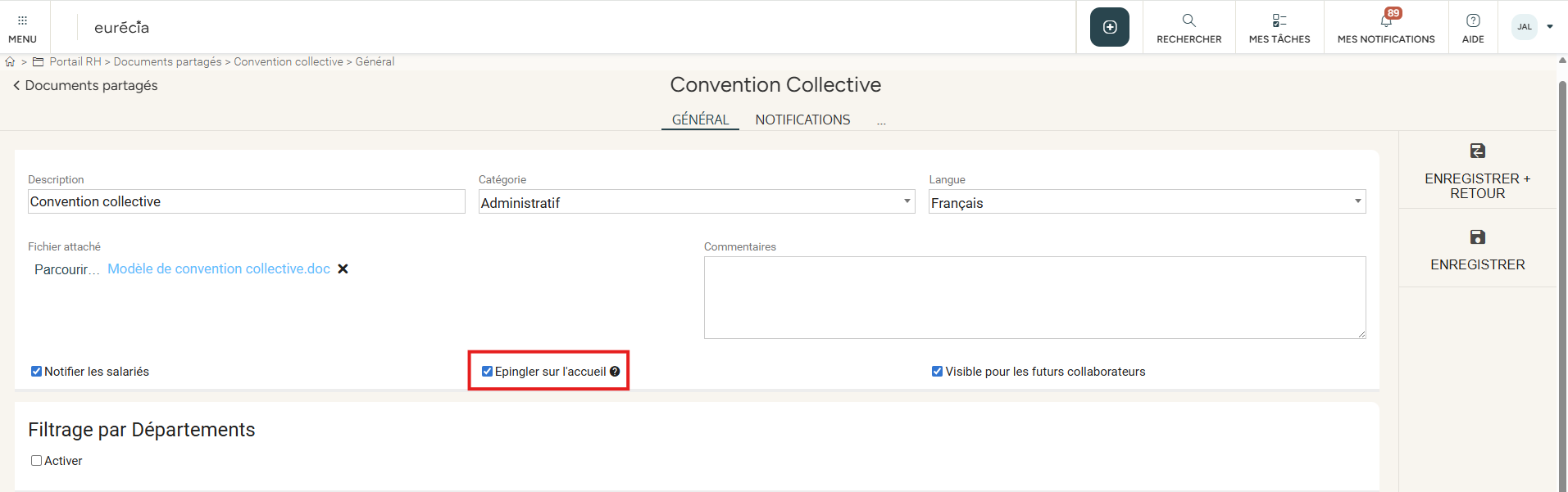 Checkbox to pin a document to the home page
